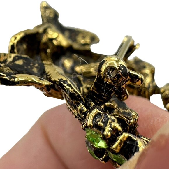 Wreath Brooch Pin With Green Rhinestones Bronze Bow Holiday Jewelry Lapel - Picture 14 of 16